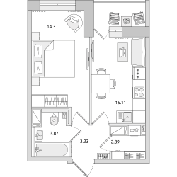 Однокомнатная квартира 39 м²