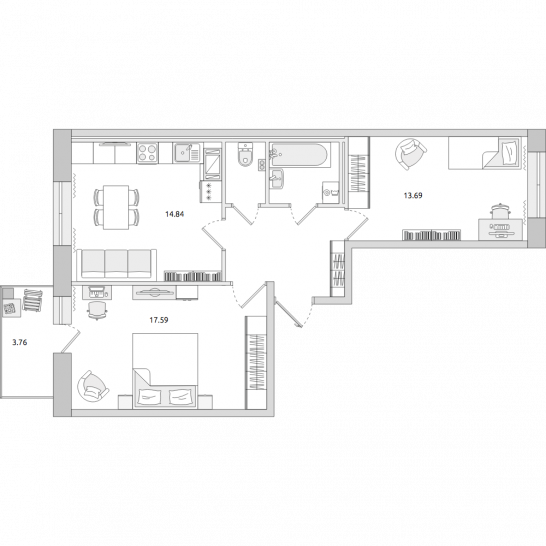 Двухкомнатная квартира 62 м²