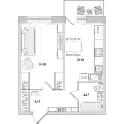Однокомнатная квартира 40 м²