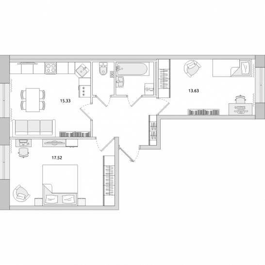 Двухкомнатная квартира 58 м²