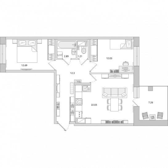 Двухкомнатная квартира 70 м²