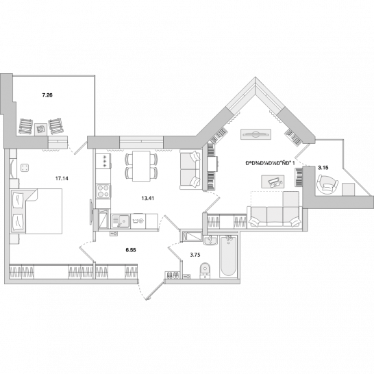 Двухкомнатная квартира 69 м²