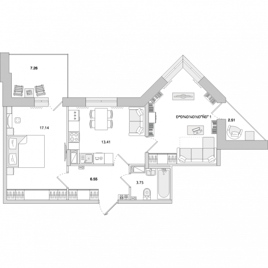 Двухкомнатная квартира 68 м²