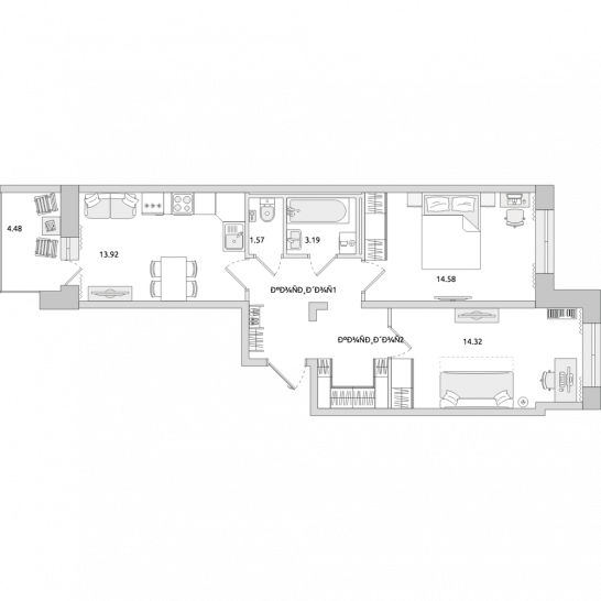 Двухкомнатная квартира 64 м²