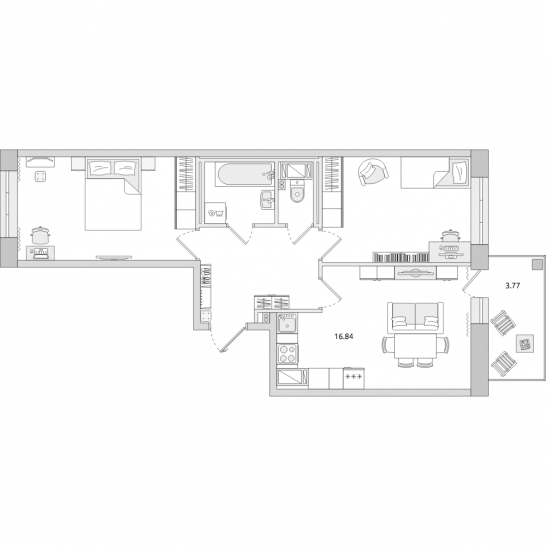 Двухкомнатная квартира 59 м²