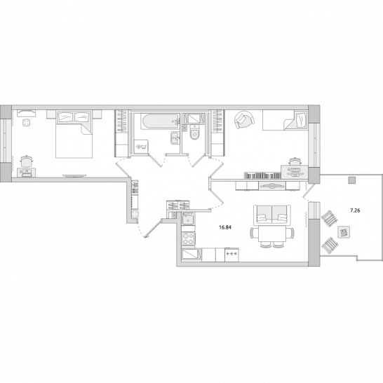 Двухкомнатная квартира 64 м²