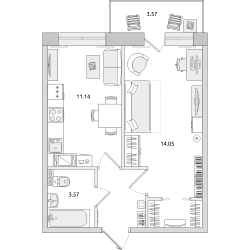 Однокомнатная квартира 38 м²