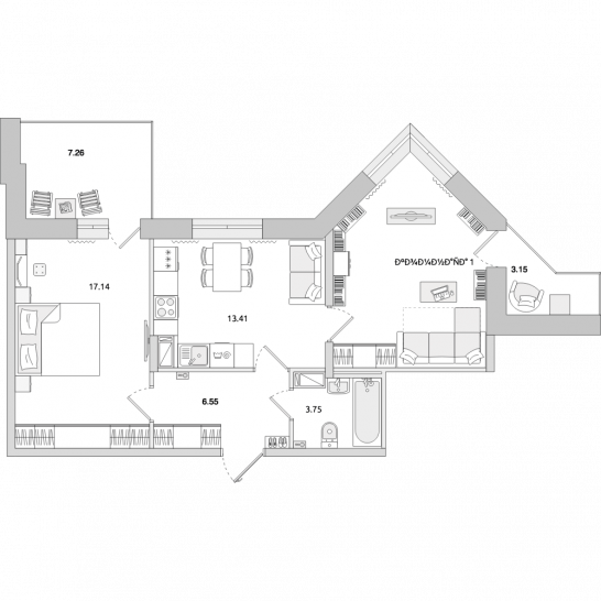 Двухкомнатная квартира 69 м²