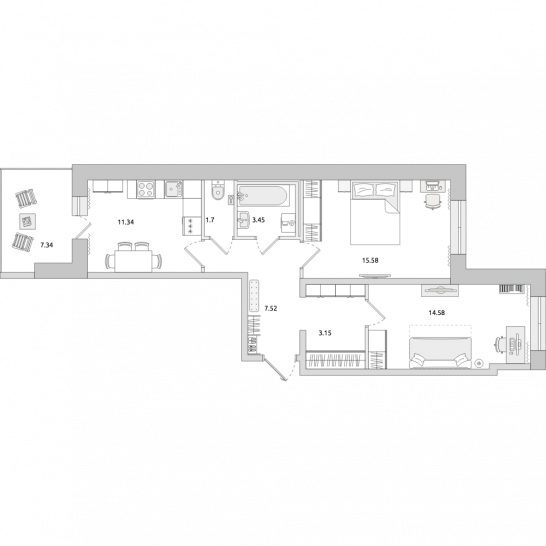 Двухкомнатная квартира 67 м²